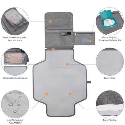 Diaper Changing Clutch with Foldout Baby Mat and Storage Pockets, 3-in-1 Portable Waterproof Changing Pad for Everyday Outings