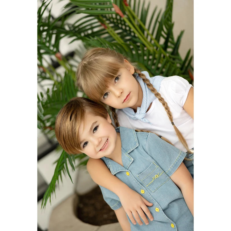 Light Blue Denim Sibling Outfits, Cotton Boys Shirts and Shorts, Girls Dresses and Skirts, Baby Rompers and Overalls for Matching Family Looks