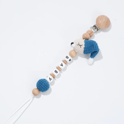 Custom Name Pacifier Clip with Crochet Animal Detail, Beech Wood Holder and Letter Beads, Personalized Baby Shower Gift for Everyday Outings
