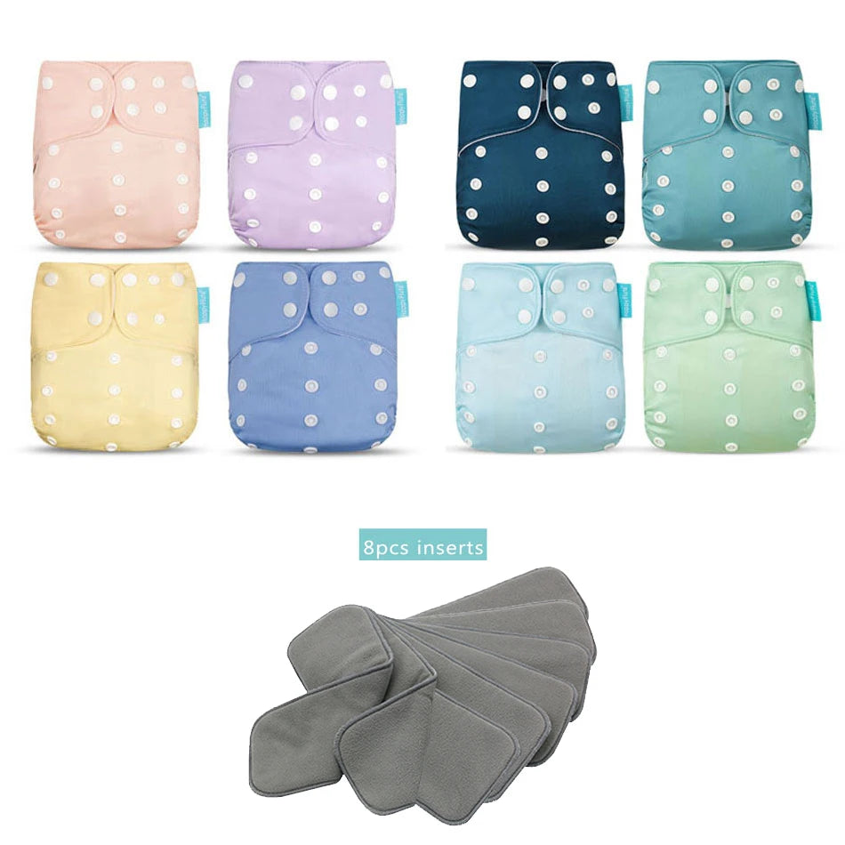 Cloth Diaper Starter Set by Happyflute, 8 Adjustable Pocket Baby Diapers with 8 Bamboo Charcoal Inserts, Washable PUL Covers and Snap Closures