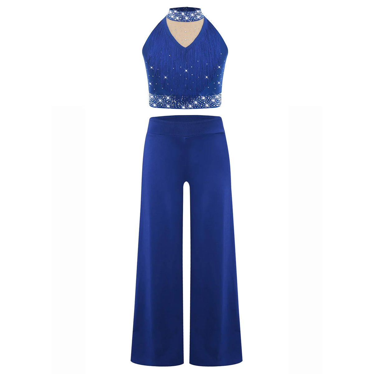 Girls Lyrical Dance Costume Set with Mock Neck Sparkle Top and Wide Leg Pants, Chiffon Overlay and Sleeveless Styles for Recitals and Stage Performances