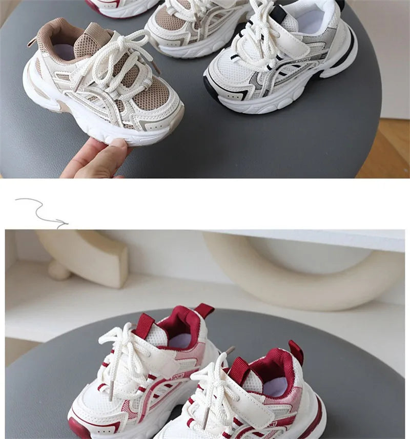 Children Mesh Sports Sneakers with Layered Panels, Lace and Strap Styling for Boys and Girls, Casual Spring and Fall Shoes in Red, Khaki or Black