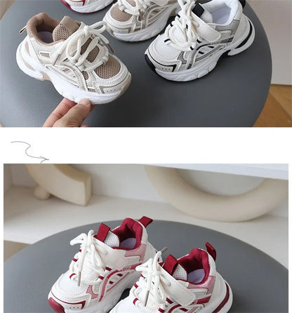 Children Mesh Sports Sneakers with Layered Panels, Lace and Strap Styling for Boys and Girls, Casual Spring and Fall Shoes in Red, Khaki or Black