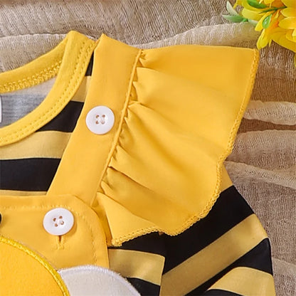 Baby Girl Halloween Bee Outfit 3-Piece Romper and Suspender Dress Set with Headband, Long Sleeve Fall Costume for Infants 0 to 18 Months