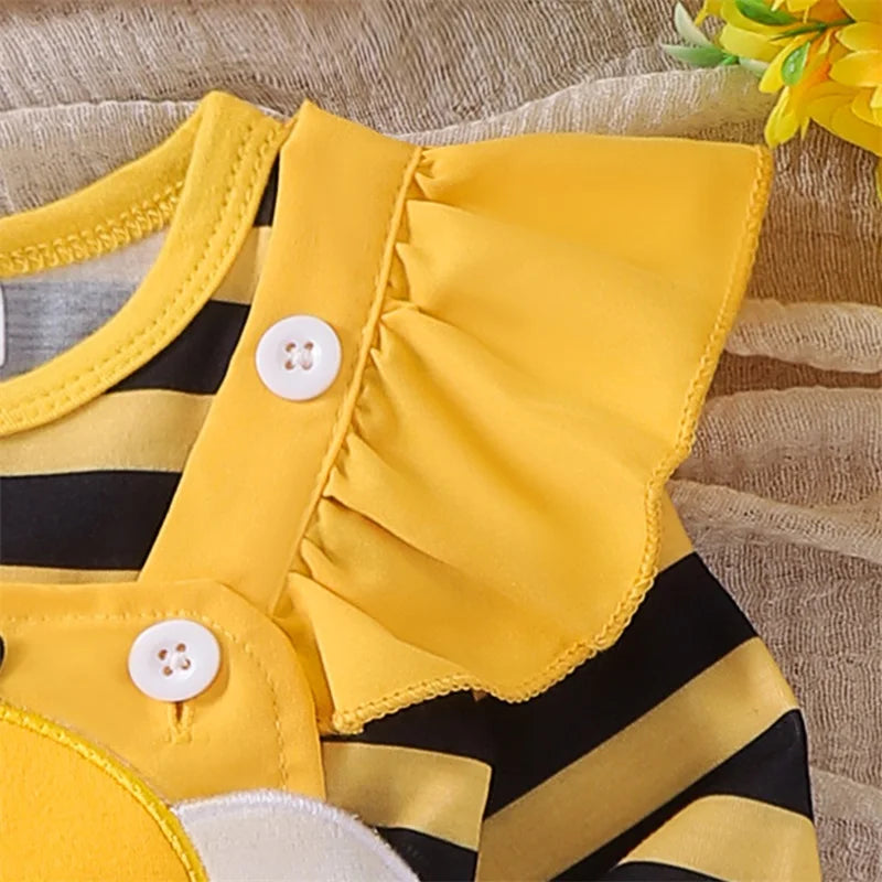 Infant Girl Bee and Ladybug Dress Set with Long Sleeve Cotton Blend Romper, Embroidered Suspender Skirt and Matching Headband, 0-18 Months