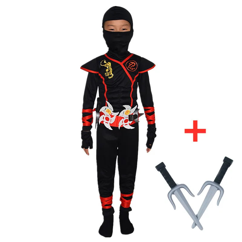 Kids Ninja Dress-Up Costume with Hooded Top, Pants and Toy Accessories, Polyester Halloween Party Outfit for Pretend Play, Sizes S-XL