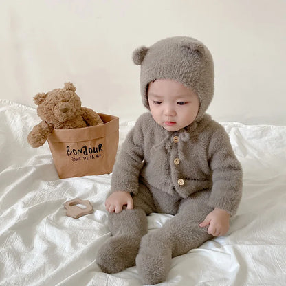 Plush Baby Footed Jumpsuit with Button Front, Bear-Inspired Autumn Winter One-Piece Outfit for Boys and Girls in Four Colors