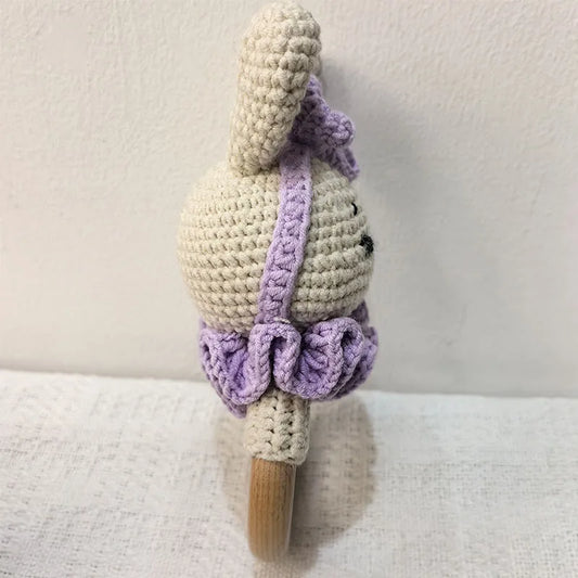 Bunny Wooden Ring Rattle with Crochet Long-Ear Rabbit Design, Single Baby Toy for Supervised Sensory Play, Nursery-Themed Gifting and Baby Showers