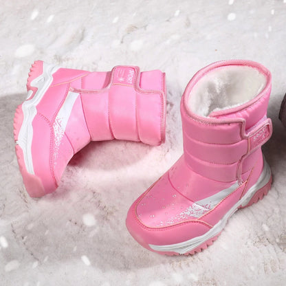 Kids Plush-Lined Winter Boots with Padded Shafts and Front Flap Closures, Pink or Purple Snow-Style Footwear for Boys and Girls
