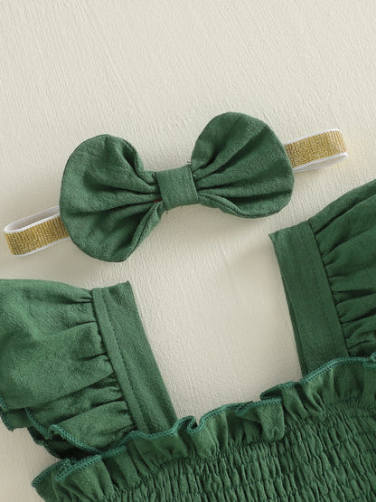 Tiered Baby Girl Romper Dress with Bow Headband, Smocked Cotton Blend Bodice and Flutter Straps, Solid Color Summer Outfit for 0-18 Months