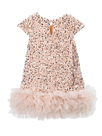 Girls Sequin Party Dress, Short Sleeve Sparkle Dress with Fluffy Mesh Ruffle Hem and Cotton Blend Lining for Birthdays and Holiday Photos, 2T-6T