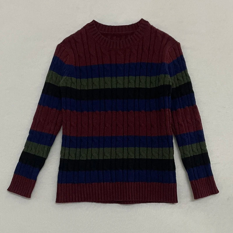 Striped Cable Knit Sibling Outfits with Dark Denim Jumper Dresses, Skirts and Pants, Coordinating Boys Girls Sweaters and Baby Romper Options