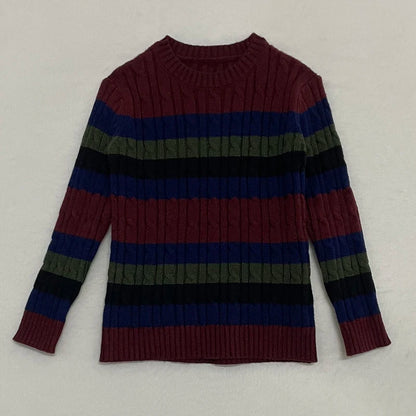 Striped Cable Knit Sibling Outfits with Dark Denim Jumper Dresses, Skirts and Pants, Coordinating Boys Girls Sweaters and Baby Romper Options