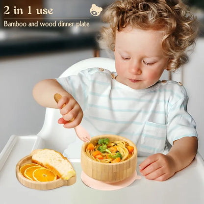Bamboo Baby Tableware Set with Animal Plate Designs, Bowl, Cup and Wooden-Handle Utensil Options for Supervised Infant and Toddler Mealtimes