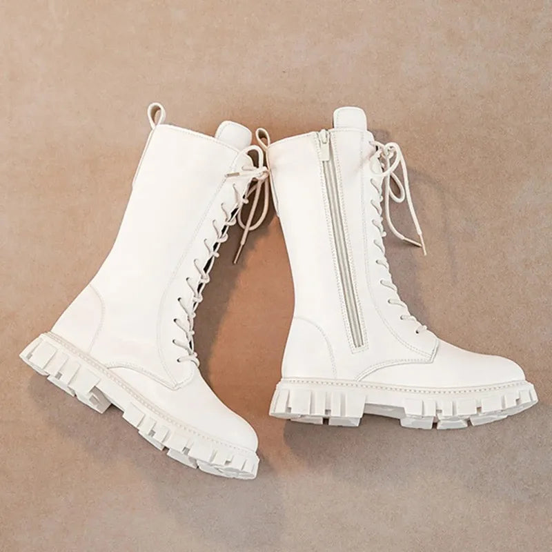 Girls Mid-Calf Lace-Up Boots with Side Zippers, Chunky Lug-Style Soles and Back Pull Tabs, Fall Winter Fashion Footwear in Sizes 27-36