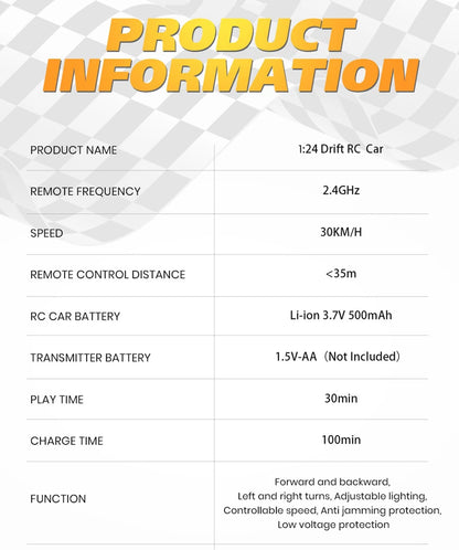RC Drift Racing Car with 4WD, 2.4GHz Proportional Remote Control, LED Lights and Replaceable Racing and Drift Tires for Kids and Adults