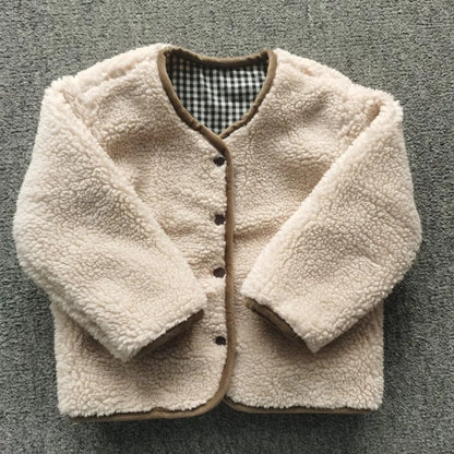 Toddler Reversible Plaid Jacket with Plush Reverse, V-Neck Snap Front and Patch Pockets, Brown or Beige Kids Fall Winter Layer, Sizes 12M-6T