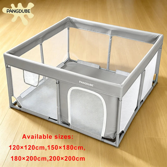 Padded Baby Playpen by PANGDUBE, Gray Mesh Activity Yard with External Zipper Door, Storage Pocket and Five Size Options for Supervised Play
