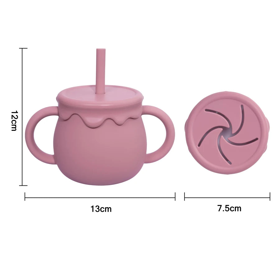 Two-Handle Toddler Straw Cup with Rounded Body and Wavy-Edge Lid, Portable Baby Drinkware and Snack Container Options for Supervised Use