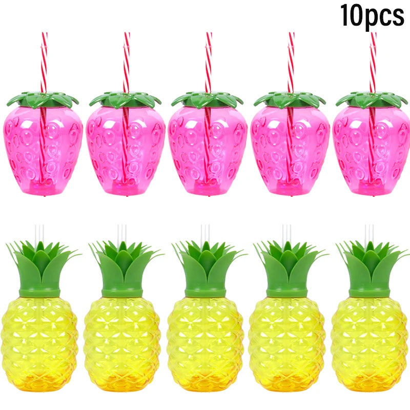 Fruit Shaped Party Cups in Pineapple, Coconut and Strawberry Designs, 6 or 10-Piece Plastic Drink Cup Sets for Luau Birthdays and Summer Celebrations