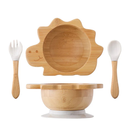 Bamboo Baby Suction Bowl and Tableware Options, Sun, Cloud and Dinosaur Designs with Single-Piece or 3-Piece Wooden-Handle Utensil Sets