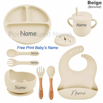 Personalized Silicone Baby Tableware Set, 8-Piece Collection with Divided Plate, Suction Bowl, Pocket Bib, Straw Cup and Two Utensil Pairs