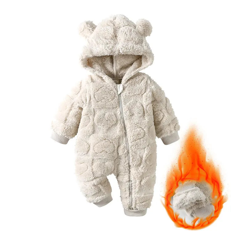 Baby Hooded Winter Romper with Long Sleeves and Cartoon Design, Cozy One-Piece Outfit for Infant Boys and Girls in Sizes 0 to 18 Months