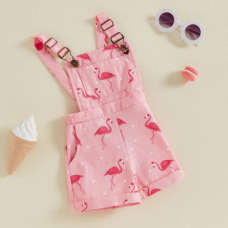 Girls Flamingo Denim Short Overalls in Pink with Adjustable Straps, Bib Pocket and Rolled Hems for Summer Outings, Birthdays and Photos