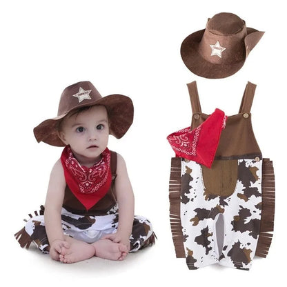 Cow Print Baby Cowboy Costume with Fringe Romper, Sheriff Hat and Red Bandana, Western Birthday Dress-Up Outfit with Sock Options