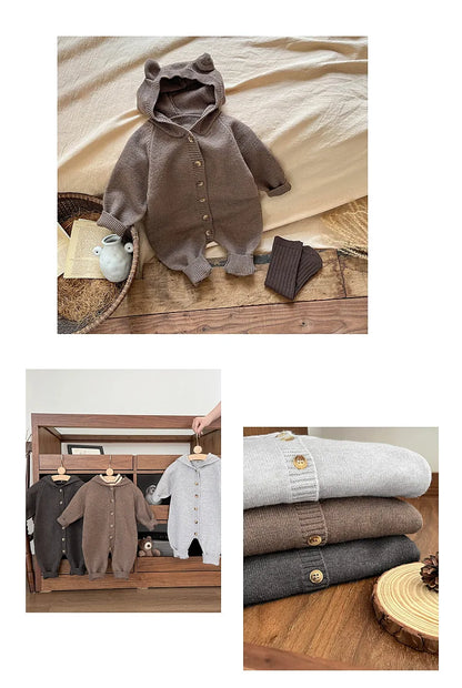 Round Ear Hooded Baby Knit Jumpsuit with Button Front and Ribbed Cuffs, Footless Spring and Fall Romper in Brown, Light Grey or Dark Grey