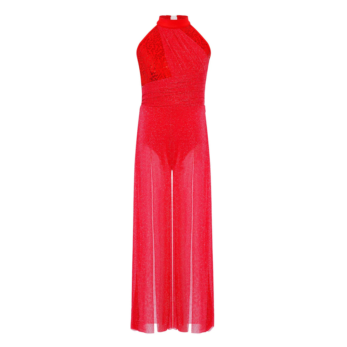 Girls Sequin Dance Jumpsuit with Split Wide-Leg Mesh, Sleeveless Mock Neck and Crisscross Back for Lyrical Recitals and Stage Performances