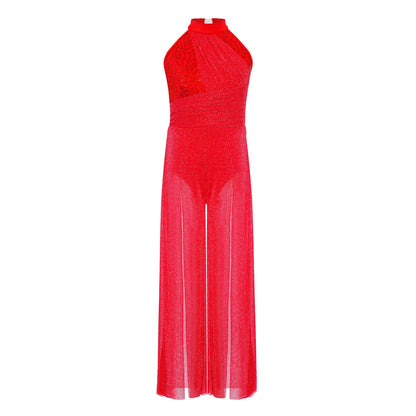 Girls Sequin Dance Jumpsuit with Split Wide-Leg Mesh, Sleeveless Mock Neck and Crisscross Back for Lyrical Recitals and Stage Performances