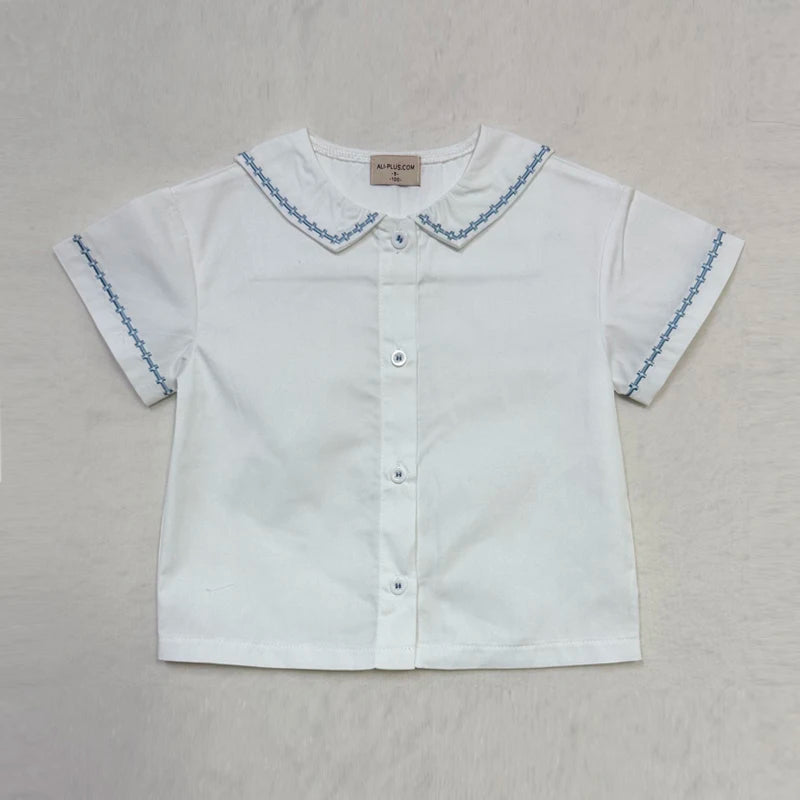 Matching Sibling Clothes with Classic Blue Trim, Shirts, Shorts, Overalls, Dresses and Cardigan Options for Baby Boys, Girls and Kids
