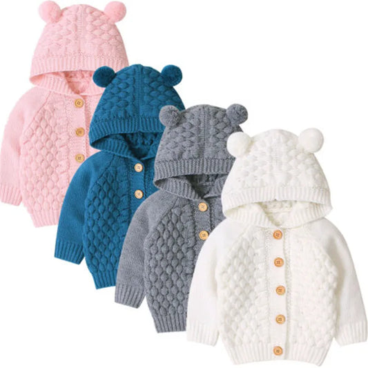 Bear Ear Hooded Baby Cardigan with Bobble Knit Texture, Button Front and Ribbed Cuffs, Long Sleeve Sweater Coat in Gray, White, Blue or Pink