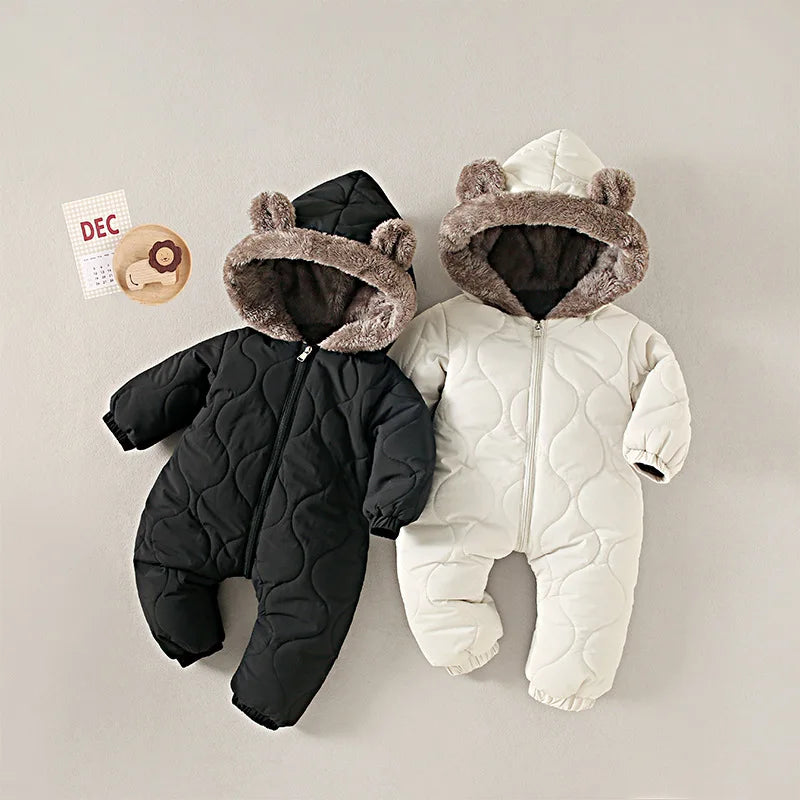 Baby Quilted Hooded Jumpsuit with Bear Ears, Plush-Look Hood Trim and Front Zipper, Long Sleeve Winter One-Piece Clothing for Infants and Toddlers