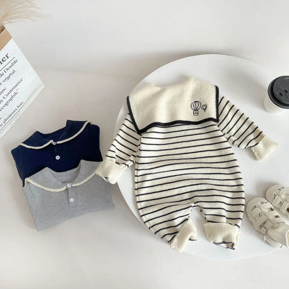 Sailor Collar Baby Knit Romper with Long Sleeves and Button Fastenings, Footless One-Piece Outfit in Gray, Stripe or Dark Blue, Sizes 66-100