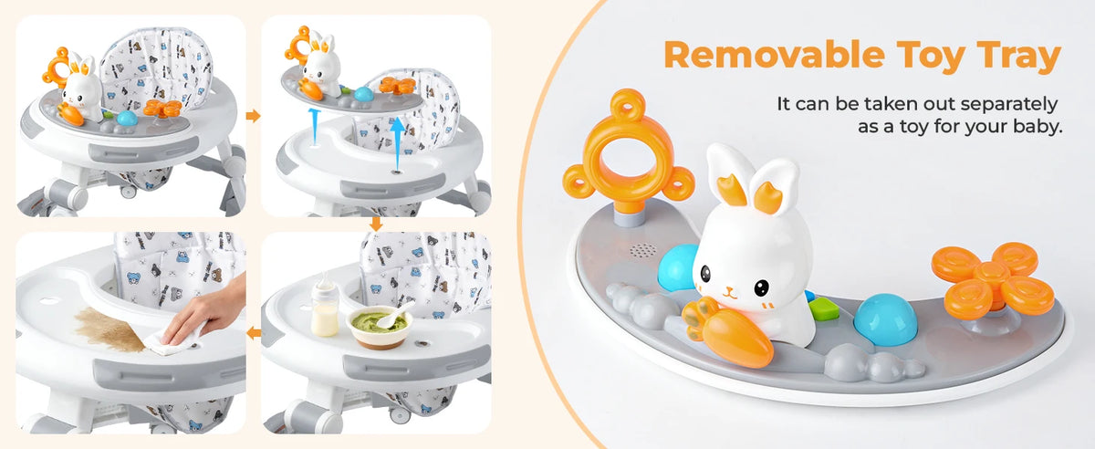 Baby Walker Activity Center in White, 4-in-1 Play Design with 3 Frame Height Settings, 5 Seat Adjustments and Wheeled Base for Indoor Use