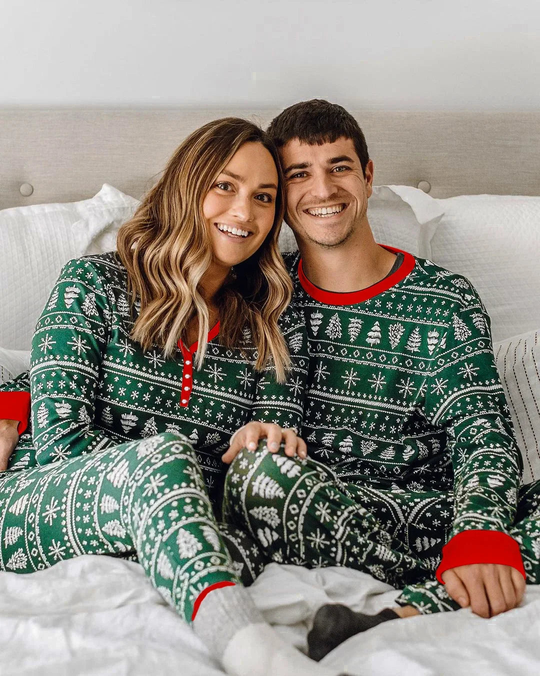 Matching Christmas Pajamas for Family, Festive Allover Print Mom Dad Kids Two-Piece Outfits and Baby Romper for Holiday Photos