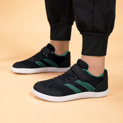 Kids Wide-Toe Mesh Sneakers with Adjustable Hook-and-Loop Strap, Contrast Side Stripes and Low-Top Casual Style in Pink, Black or Blue