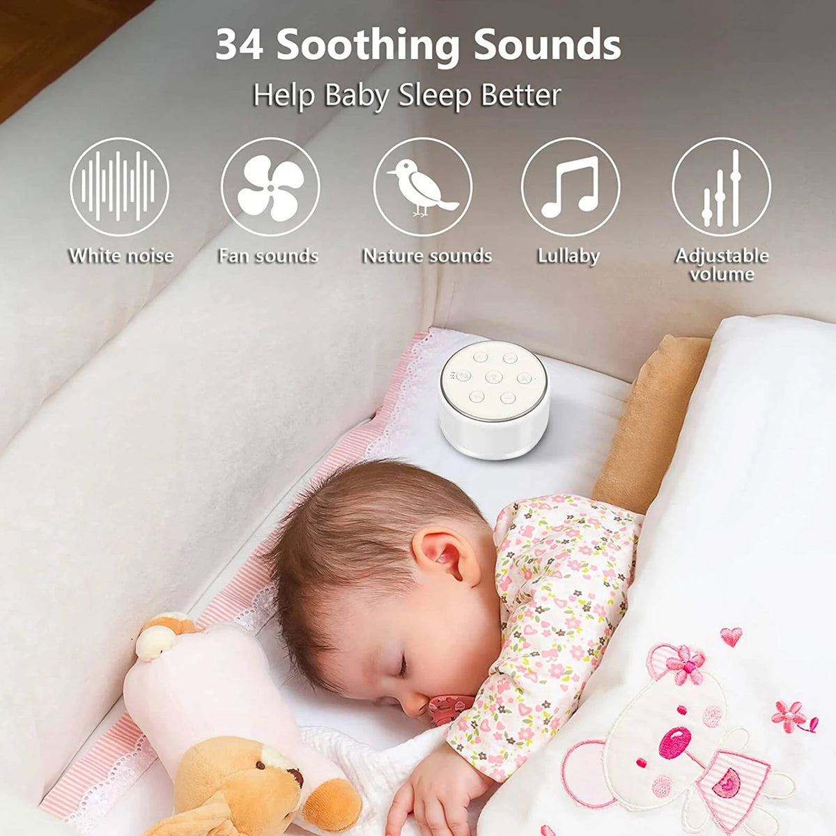 34-Sound White Noise Machine with 7-Color Dimmable Night Light, 32 Volume Levels, 30/60/90-Minute Timer and USB-C Rechargeable Battery