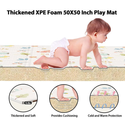 Fold-and-Carry Baby Play Mat with Double-Sided Illustrated Prints, Wipe-Clean Foam Floor Rug and Storage Bag for Supervised Tummy Time and Crawling