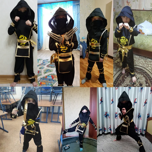 Black and Gold Ninja Costume for Kids, Hooded Warrior Dress-Up Outfit with Toy Accessory Options for Halloween Parties and School Performances