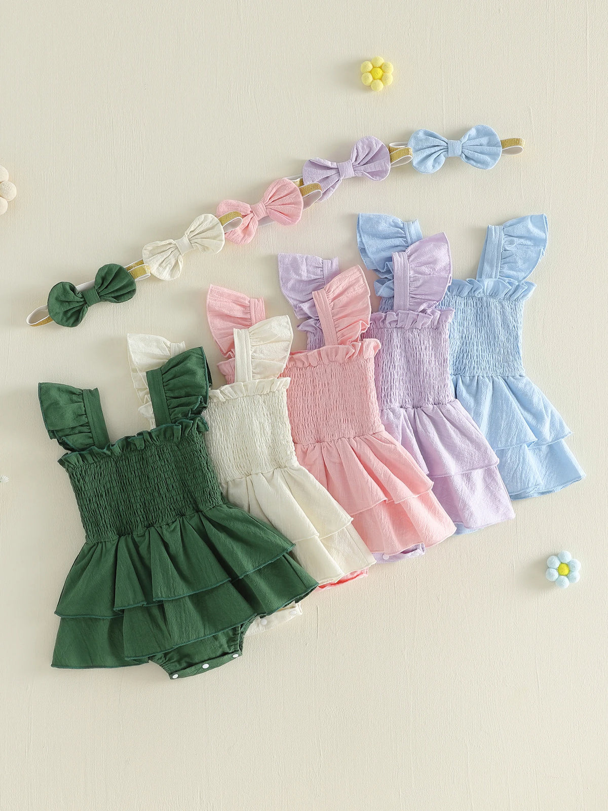 Tiered Baby Girl Romper Dress with Bow Headband, Smocked Cotton Blend Bodice and Flutter Straps, Solid Color Summer Outfit for 0-18 Months