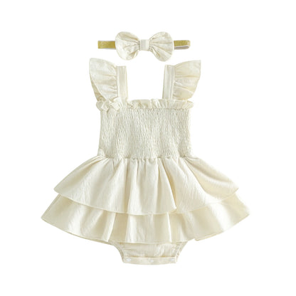 Tiered Baby Girl Romper Dress with Bow Headband, Smocked Cotton Blend Bodice and Flutter Straps, Solid Color Summer Outfit for 0-18 Months