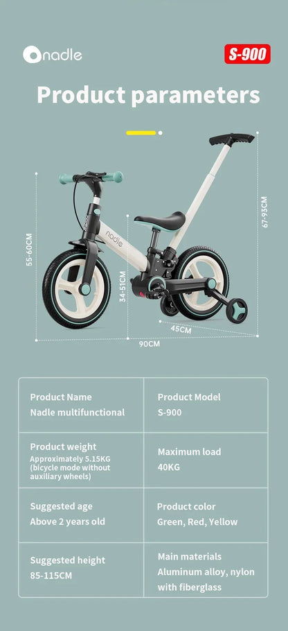 Toddler Balance Bike 4-in-1 with Training Wheels and Parent Push Handle, Lightweight Foldable Kids Bicycle for Boys and Girls Ages 2–6