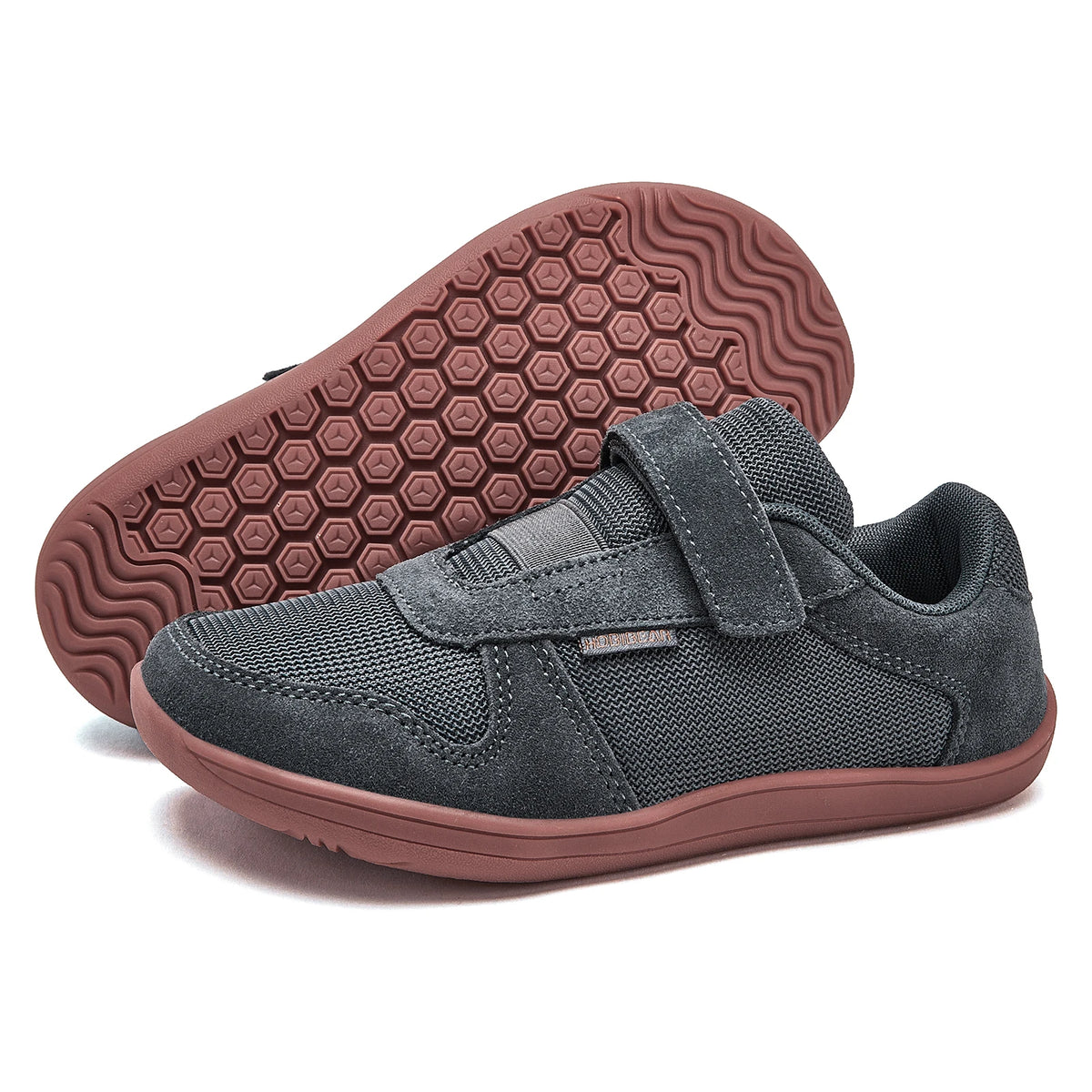 Kids Zero-Drop Barefoot Sneakers by HOBIBEAR with Wide Toe Box, Hook-and-Loop Strap, Mesh Upper and Artificial Leather Toe for Lightweight Everyday Wear
