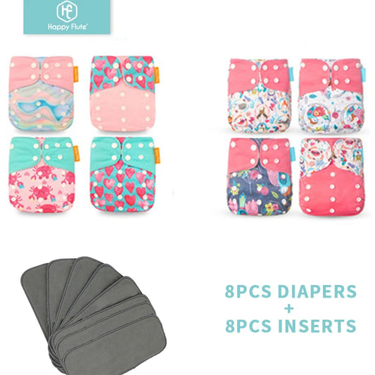 Adjustable Baby Cloth Diapers by HappyFlute, 8 Reusable Nappies with 8 Bamboo Charcoal Inserts, Printed PUL/TPU Outer and Suede Lining