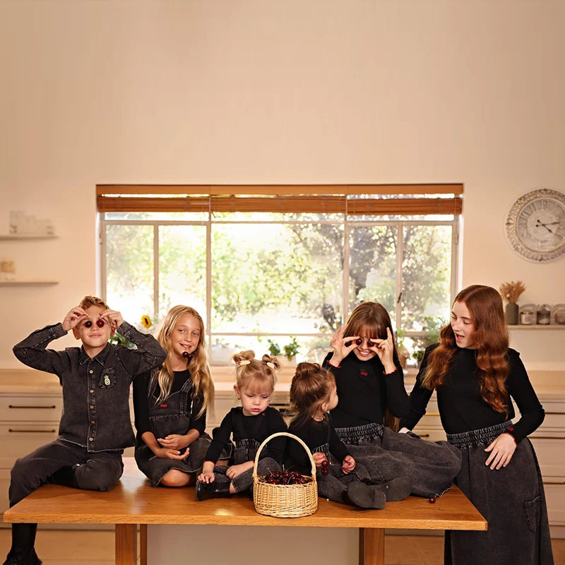 Black Denim Family Matching Outfits with Embroidered Details, Girls Dresses and Skirts, Boys Shirts and Baby Sets for Sibling Photos