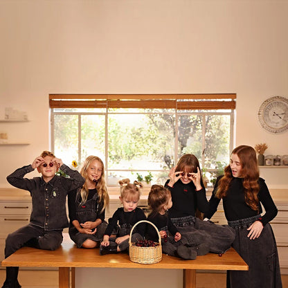 Black Denim Family Matching Outfits with Embroidered Details, Girls Dresses and Skirts, Boys Shirts and Baby Sets for Sibling Photos