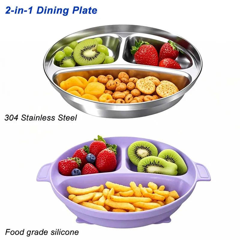 Stainless Steel Baby Feeding Set, 4-Piece Tableware with Three-Section Suction Plate, Handled Bowl, Spoon and Fork in Four Colors